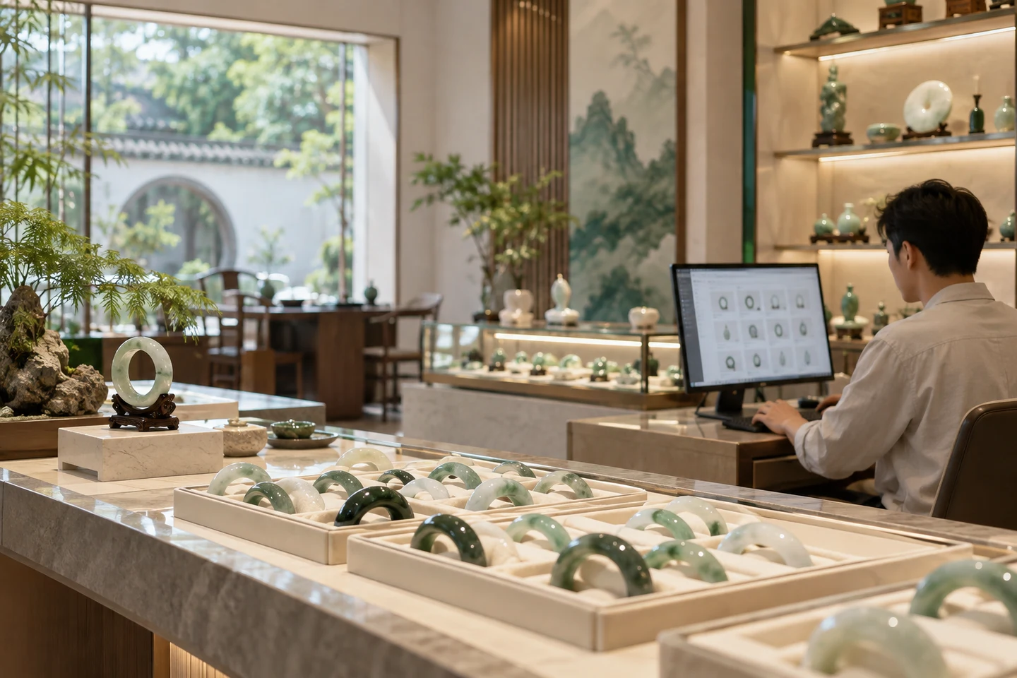 翡翠商家店内经营场景，AI生成示意